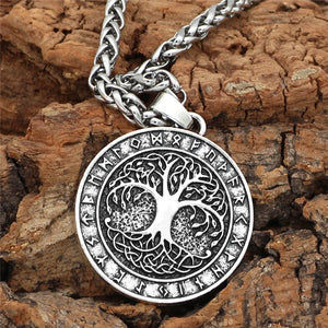 Nordic Vintage Tree of Life Round Pendant Viking Rune Necklace Antique Bronze Silver Color Men Women Jewelry Gifts Dropshipping