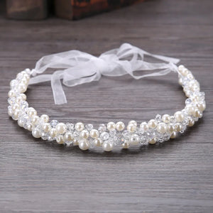 New Crystal Beads Ribbon Bridal Hairbands Women Pearl Headbands Rhinestone Beaded Head Piece Wedding Head Chain Hair Jewelry