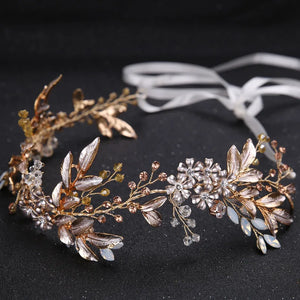 Champagne Alloy Crystal Beads Flower Bride Headbands Hair Comb Princess Bridal Ribbon Hairband Wedding Hair Accessories Crown