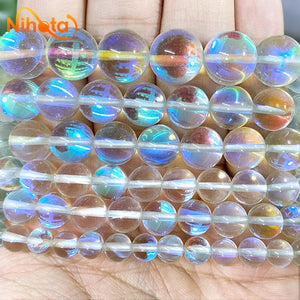 White Austria Crystal Glitter Moon Stone Round Beads DIY Earrings Bracelet for Jewelry Making Supplies 6/8/10/12mm 15" Strand