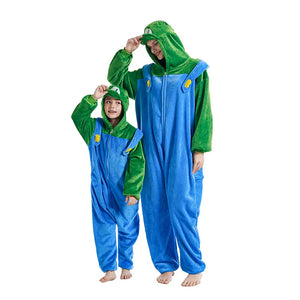 Anime Game Luigi Super Mario Cosplay Costume Kids Adult Unisex Kigurumi Pajamas Flannel Jumpsuit Sleepwear Onesies Gifts