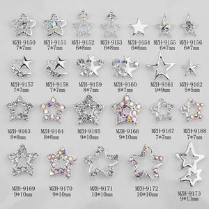 10Pcs Hollow Star Nail Art Charms 3D Alloy Five-Pointed-Star Silver Crystal Diamond Nail Decoration Luxury Manicure Accessories