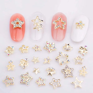 10Pcs Hollow Star Nail Art Charms 3D Alloy Five-Pointed-Star Silver Crystal Diamond Nail Decoration Luxury Manicure Accessories
