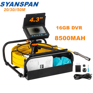 Pipe Inspection Camera with DVR 16GB FT Card,SYANSPAN Sewer Drain Industrial Endoscope IP68 8500MHA Battery 10/20/30/50M
