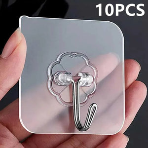 10PCS Transparent Stainless Steel Strong Self Adhesive Hooks Key Storage Hanger for Kitchen Bathroom Door Wall Multi-Function