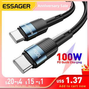 Essager 100W USB Type C To USB C Cable USB-C PD Fast Charging Charger Wire Cord For Macbook Samsung Xiaomi Type-C USBC Cable 3M